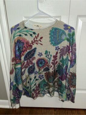 NATURAL LIFE Cream Floral Crewneck Sweater with Teal, Purple & Burgundy Accents